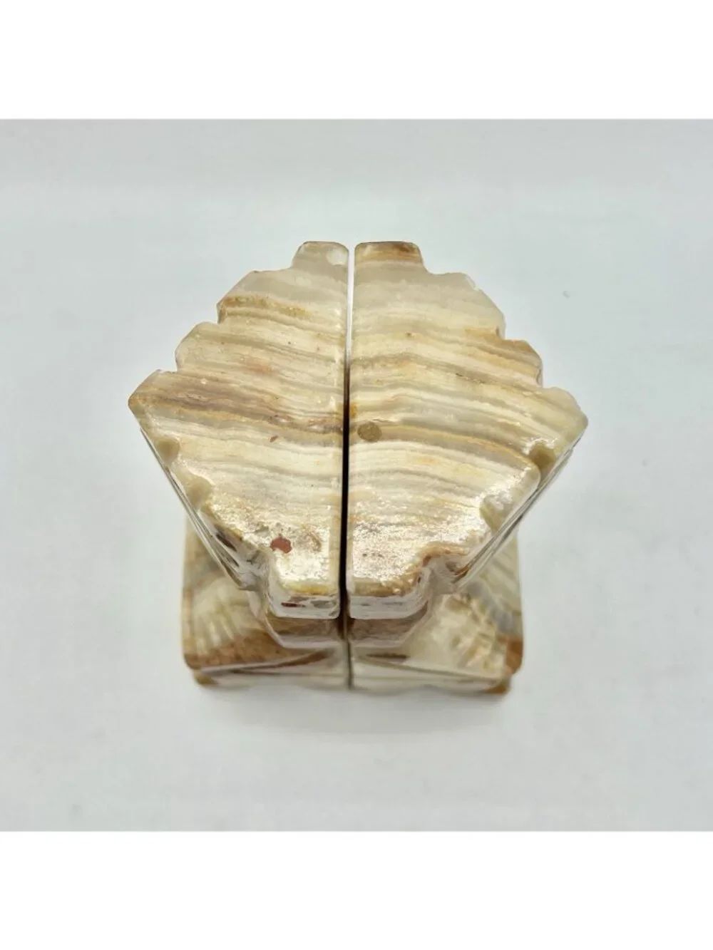 Vintage Onyx Stone Tiki Style Bookends Carved Banded Calcite Mid Century Pair